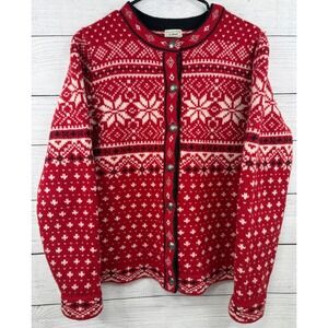 LL Bean Womens Red Fair Isle Lambswool Cardigan Sweater Snowflake 258838 M-REG